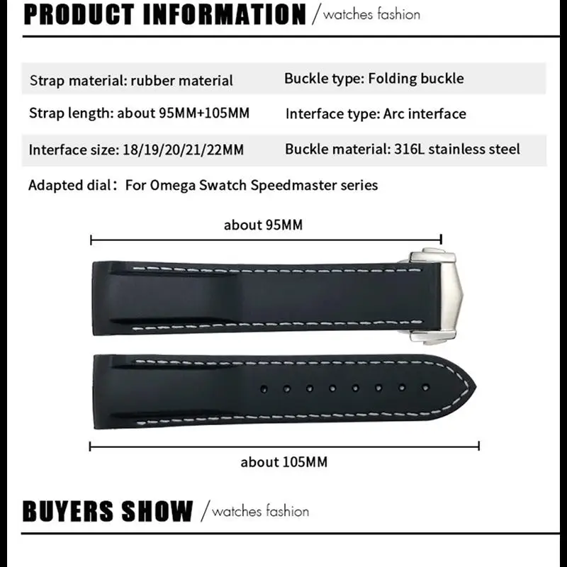 TINTAG 19mm Curved Rubber Watchband Fit For Omega Speedmaster Moonwatch Seamaster 300 AT150 Strap