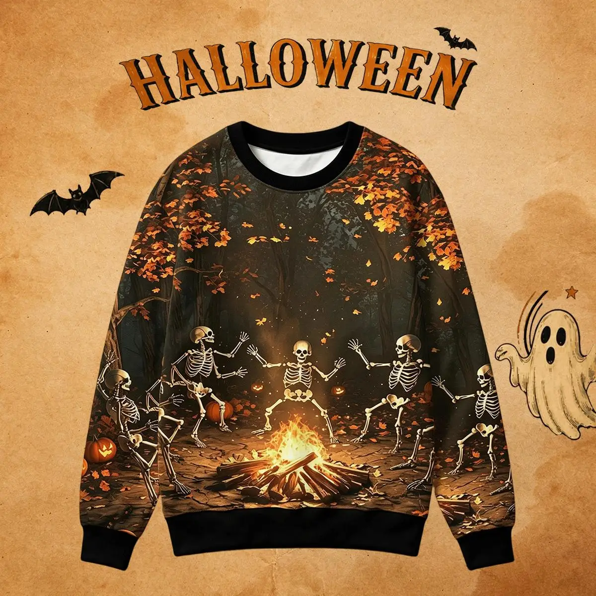 Halloween Skeleton Bonfire Print Sweatshirt Unisex Holiday Fashion Casual Streetwear Autumn Maple Forest Pumpkin Graphic Tops