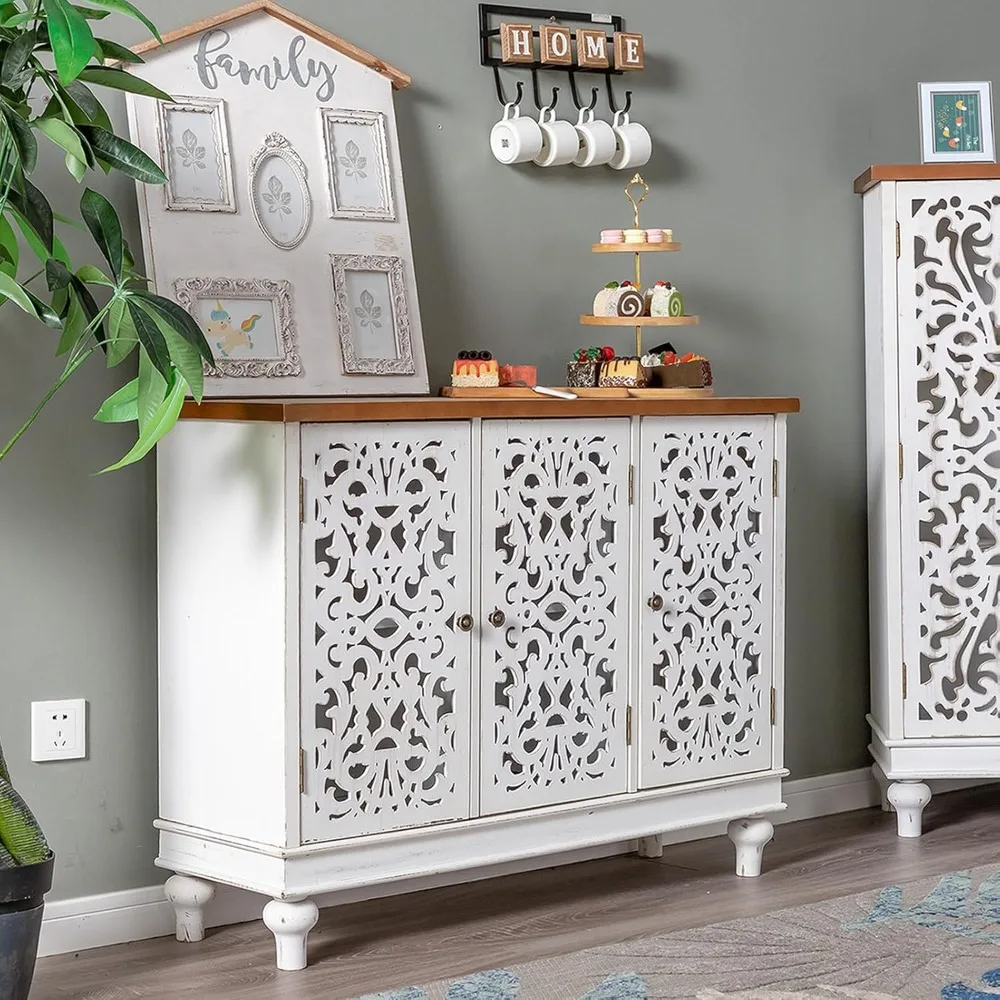 Gabinete decorativo con puertas, con almacenamiento, gabinete credenza de granja para comedor, sala de estar, entrada, blanco, librerías