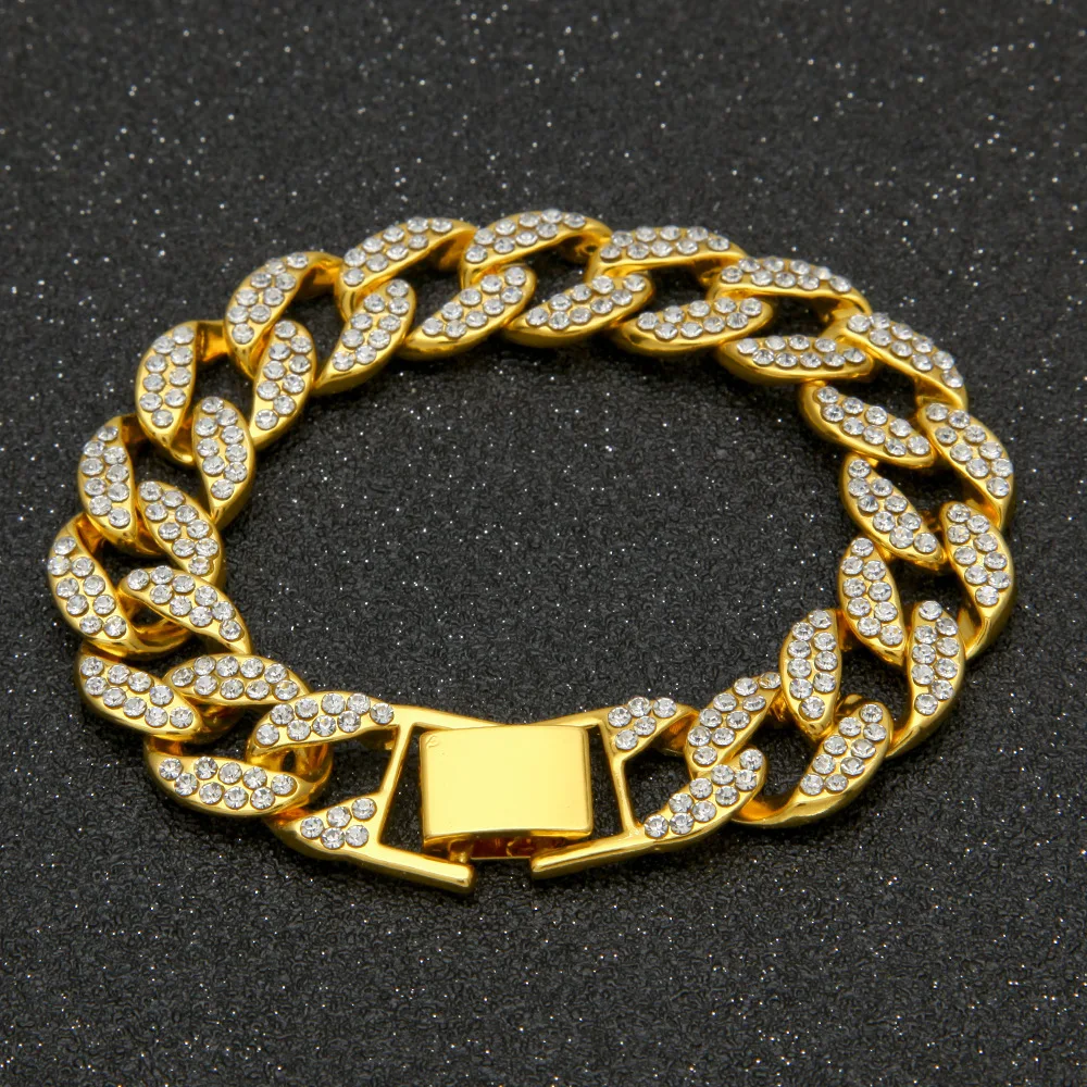 

Luxury 24K 9999 Pure Gold real gold Men's Hip Hop Full Diamond Width 15mm Cuban Hand Bracelet