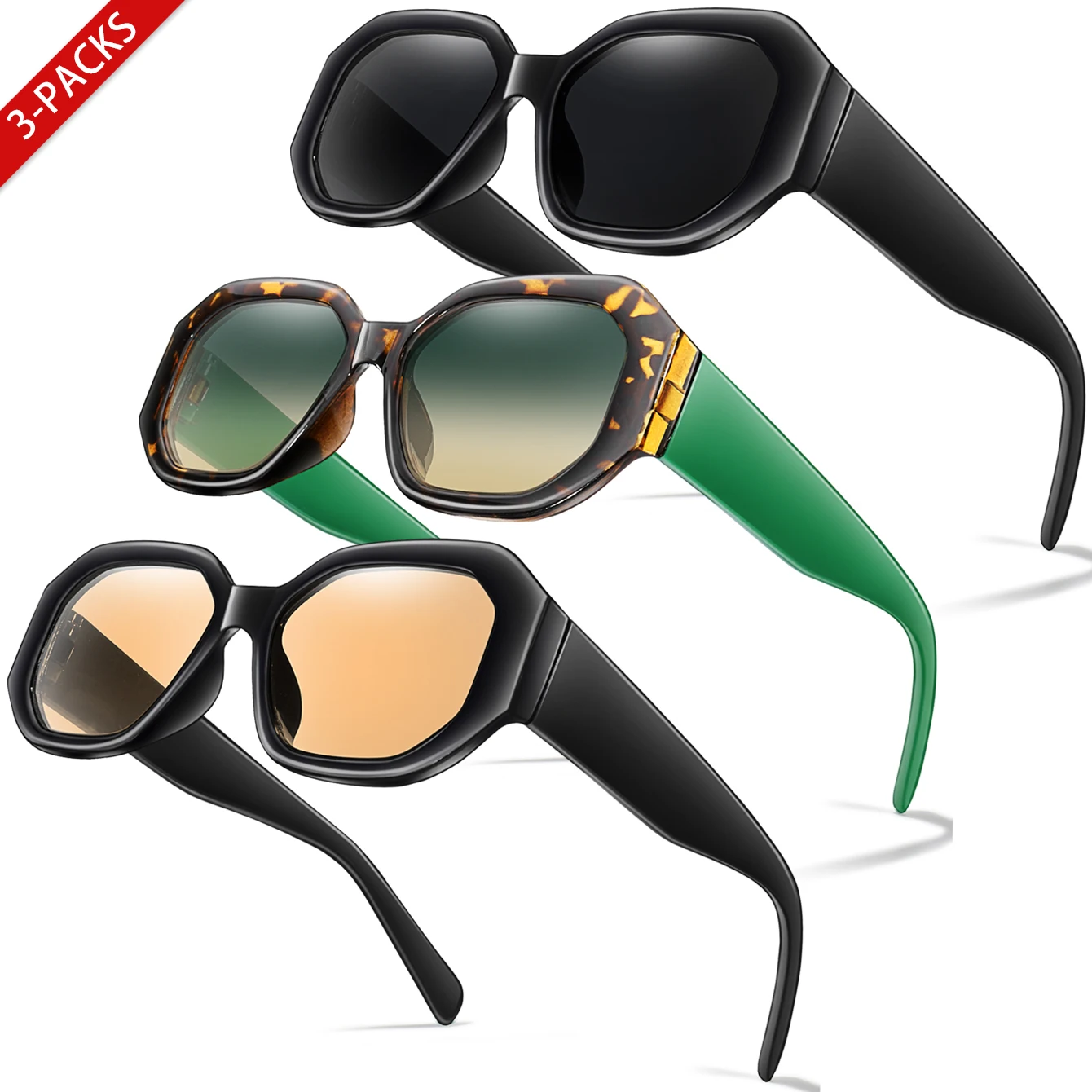 3er-Pack runde Sonnenbrillen für Damen und Herren, farbenfrohe Vollformat-Brillen für tägliche Outfits, Einkaufen, Partys, Strand und Reisen