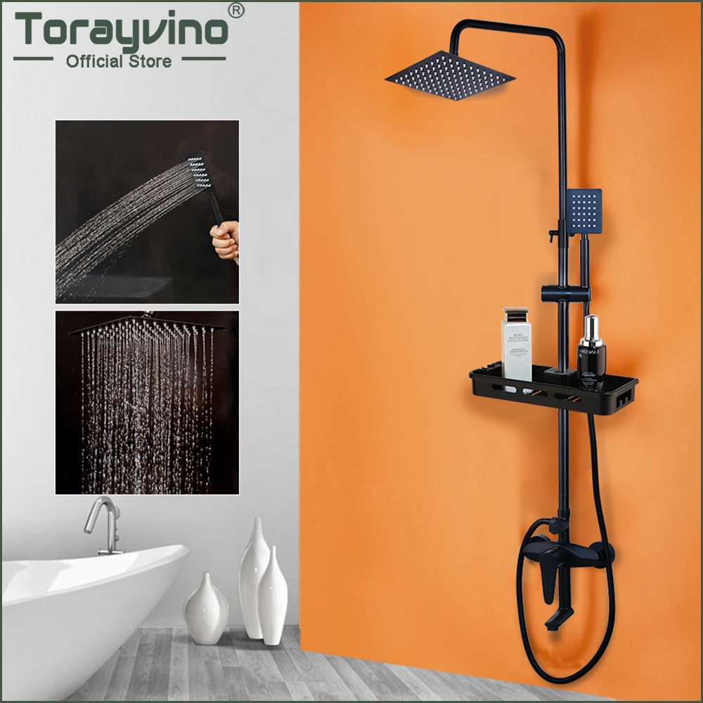 Torayvino Rainfall Shower System Bathroom Shower Faucet Set Matte Black Wall Mounted W/Storage Shelf Bathtub Mixer Tap Combo Kit