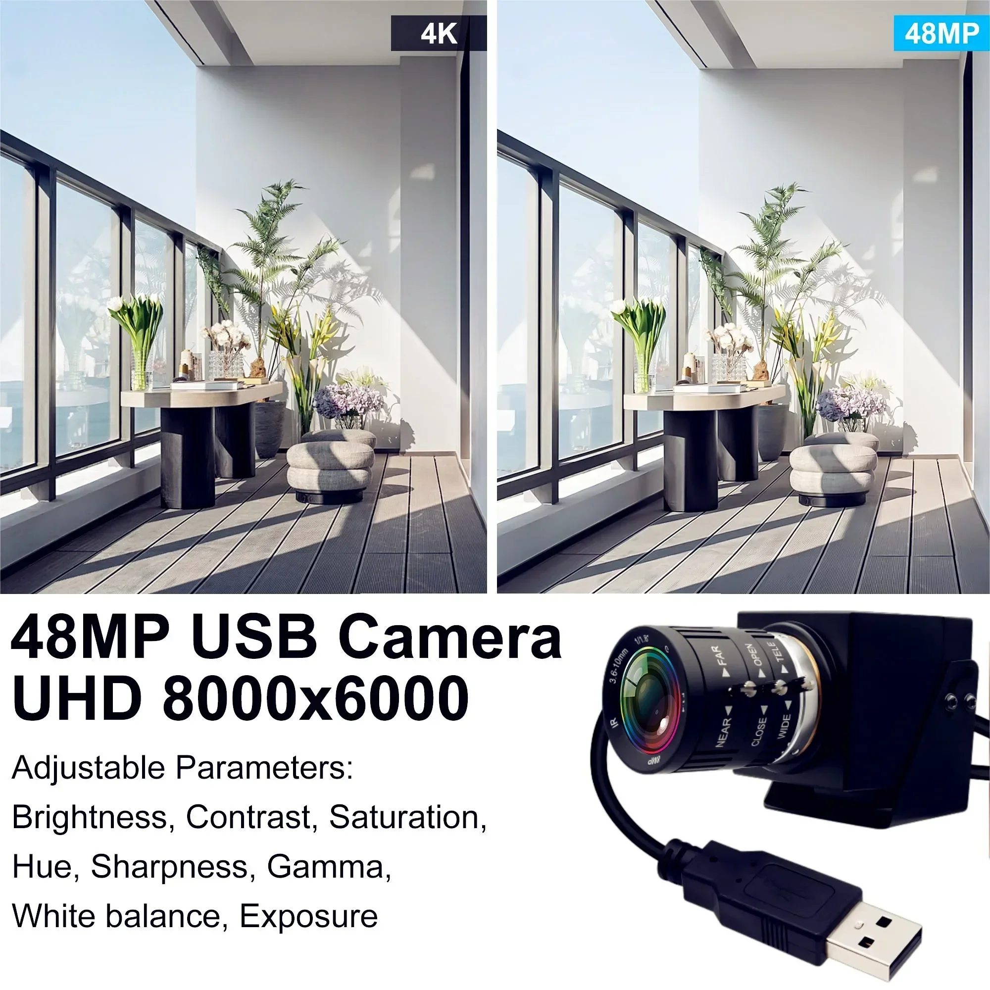 2025 ELP كاميرا USB 48MP IMX586 8K كاميرا ويب كاميرا صناعية مع عدسة تكبير متغيرة البعد البؤري 3.6-10 مم