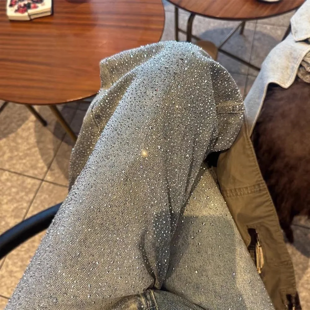 Starry Sky Rhinestones Wide Leg Jeans Women Y2K High Waist Streetwear Retro Wash Denim Pants American Loose All Match Trousers