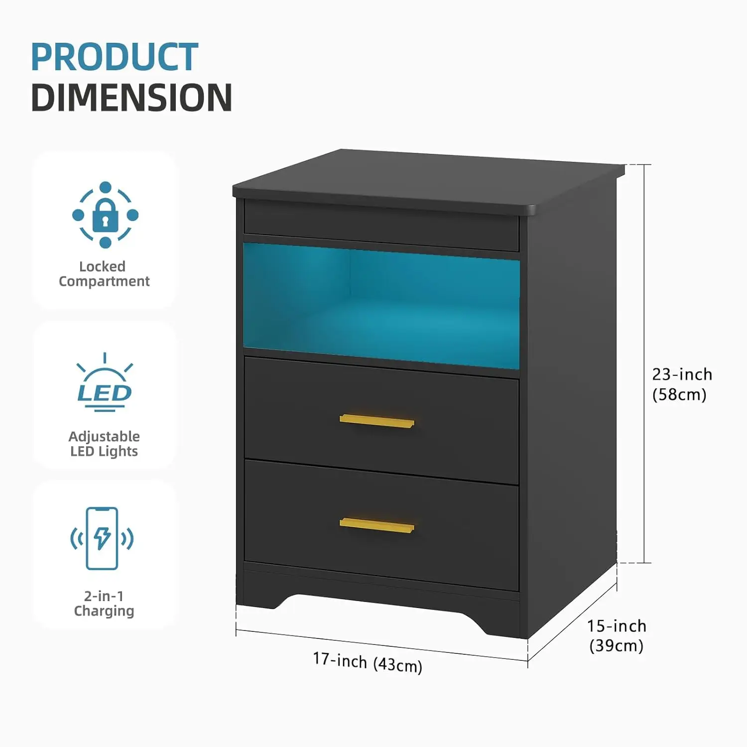 LED Nightstand with Gun Drawer & Charging Station & Sensor Black 3 Color Lights Hidden Compartment with Lockable Keys Customized
