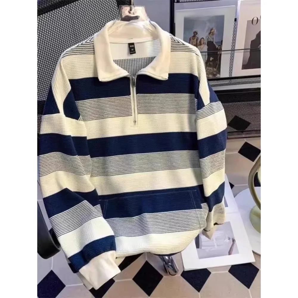 

Large Size 300 Pou Hoodie American Retro Stripes Loose Couple Autumn Long Sve irt Trendy Zipper Collar Sweatirt