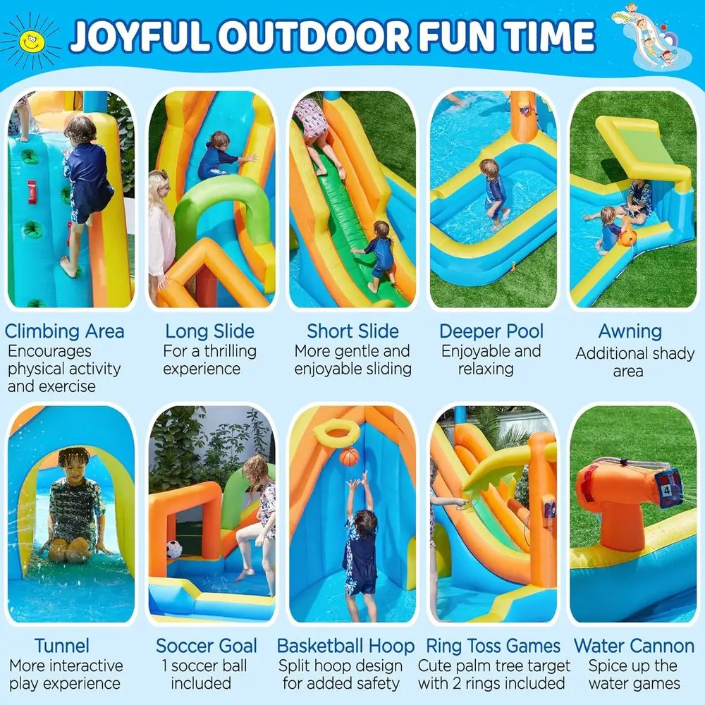 Nadmuchiwana zjeżdżalnia wodna z 2 długimi zjeżdżalniami, dużą ścianą wspinaczkową, małą głębiną i baldachimem, 11 w 1, na zewnątrz.
