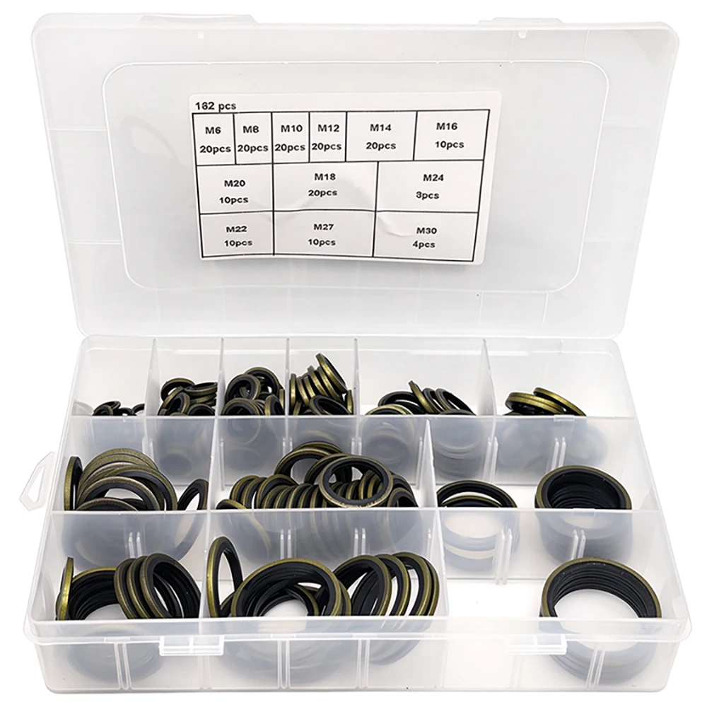 162PCS NBR Metal Bonded Sealing Washers,Oil Drain Plug Gasket AssortmentHydraulic Oil Pipe Seal Gasket Washer, M6 to M30