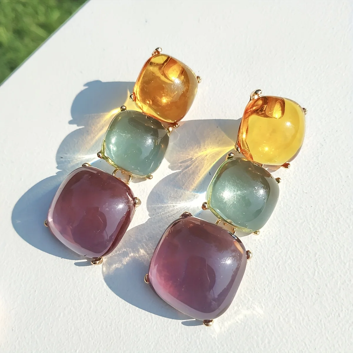 Bohemian Ethnic Style Resin Square Shape Colorful Earrings & Necklace Jewelry Set Personality Party Favors For Women