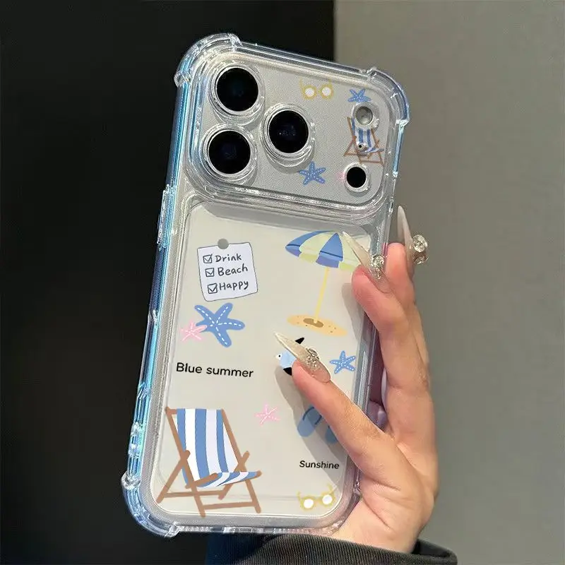 Creative and Minimalist Cartoon Beach Pattern Transparent Phone Case Suitable for IPhone 17 AIR 16 15 14 13 PRO MAX PLUS Gift