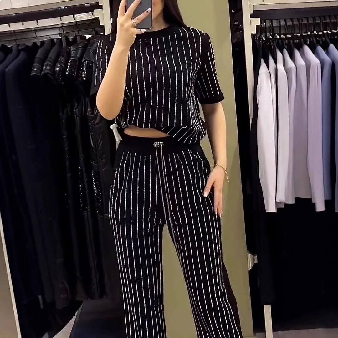 Women Slim Fit Knit Short Sleeve Two Piece Suit Set Blazer Dress Pants Spring Summer