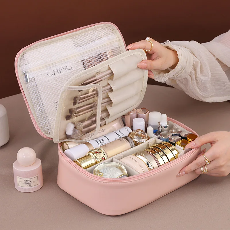 PU Große Kapazität Tote Make-Up Tasche Tragbare Reise Veranstalter Toilette Kosmetische Lagerung Tasche Luxus Frauen Doppel Schicht Beutel – Detail 6