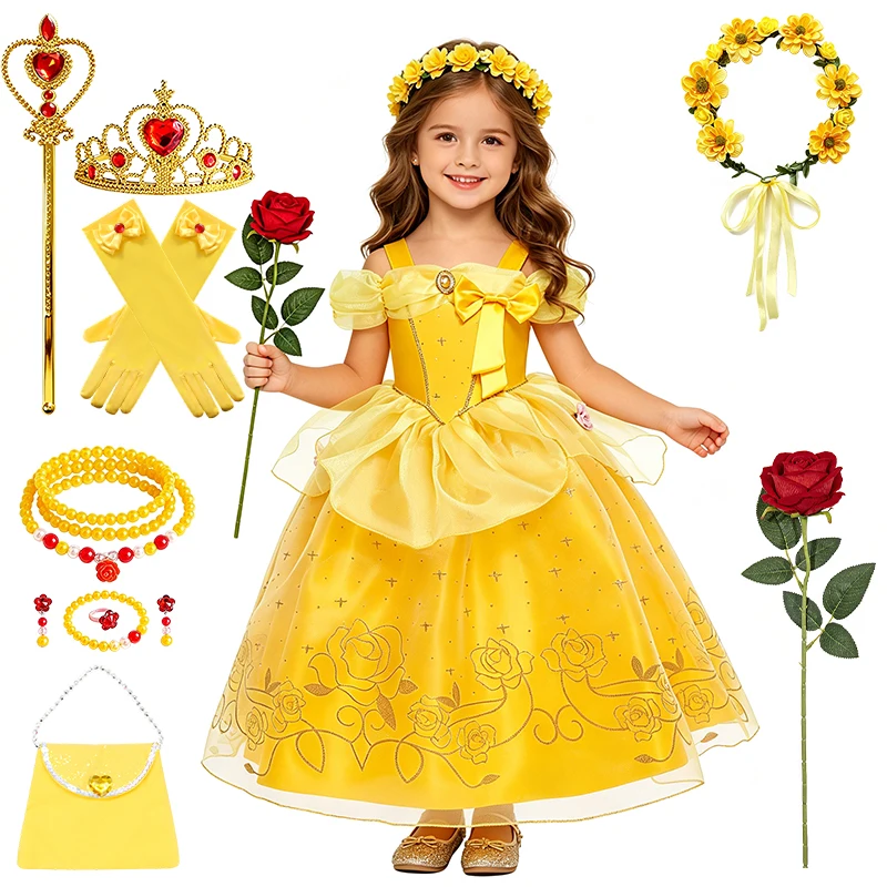 Hot Beauty Beast Themed Princess Belle Fancy Girl Dress Halloween Carnival Cosplay Party Kids Clothes Pageant Children's Costume