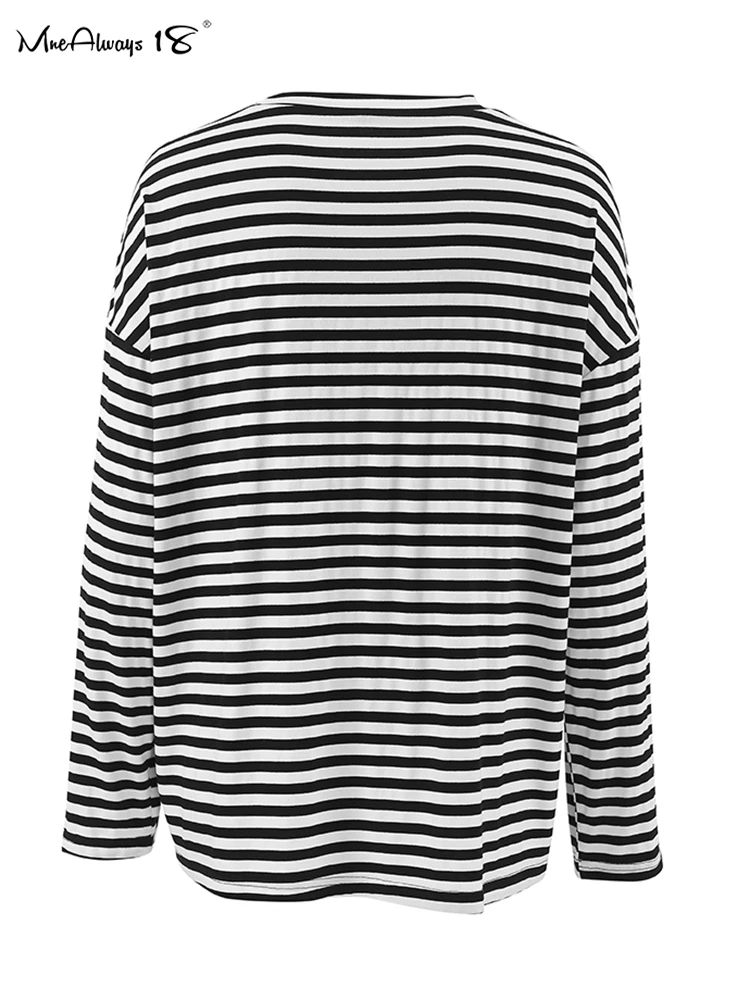 Mnealways18 Knitted Striped T-Shirts Women 2024 Autumn O-Neck Long Sleeve Loose Tops T-Shirt Fashion Elastic Black Pullover Tops