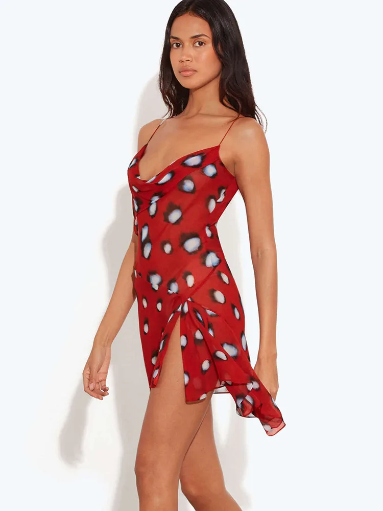 Sibybo Summer Low Chest Sleeveless Print Women Camis Dress Sexy Split Asymmetrical Ruffles Elegant Holiday Partywear Short Dress - view 3