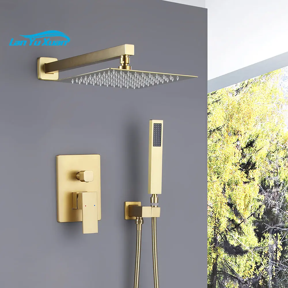 Brass gold bathroom shower set wall mounted single handle rainfall shower system