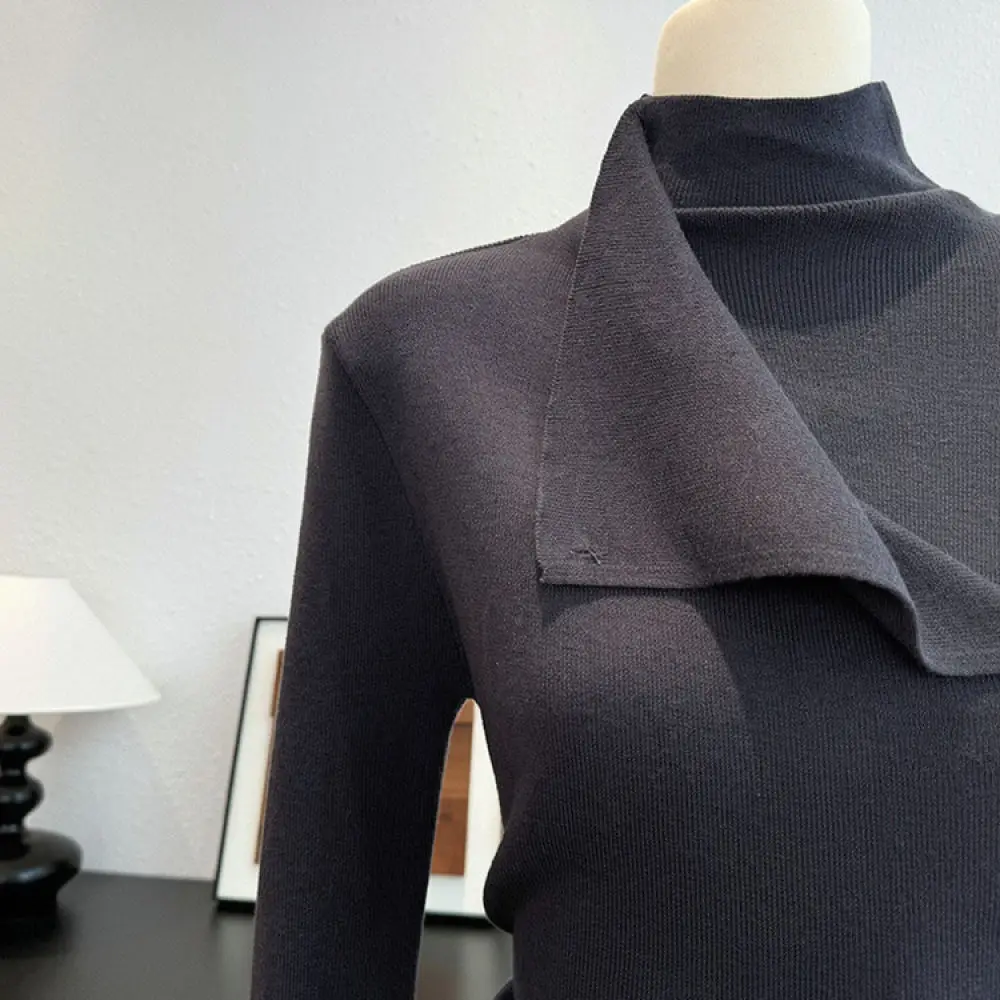 Fashion Women High Neck Knitted Pullover Slim Fit Asymmetric Hem Long Sleeve Sweater Elegant Fall Office Casual Tops