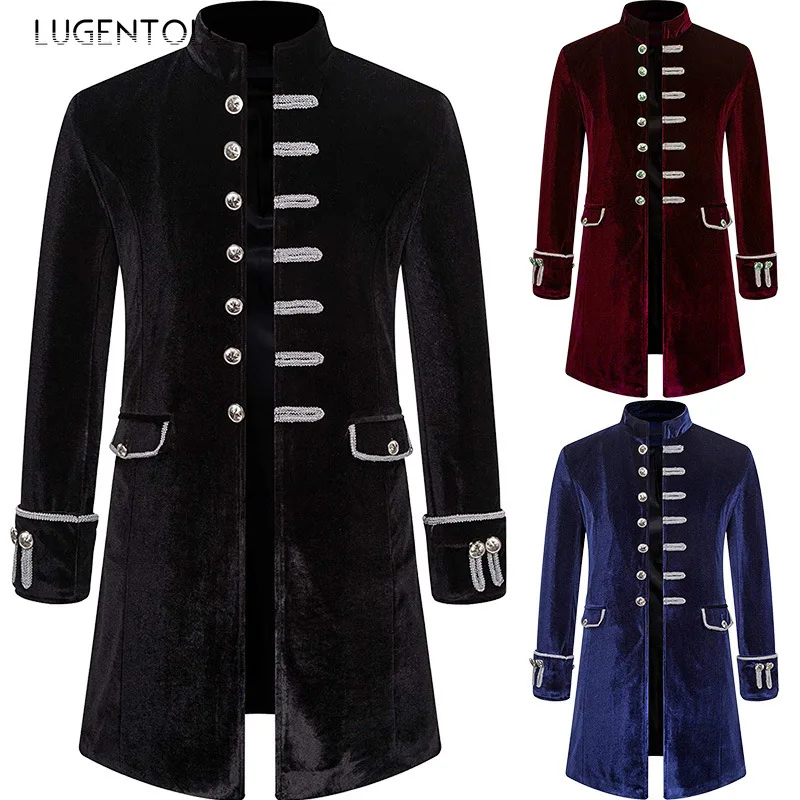 Men Steampunk Coat Fashion Party Medieval Vintage Velvet Uniform Stand Collar Men's Gothic Jacket Single-breasted Solid Trench