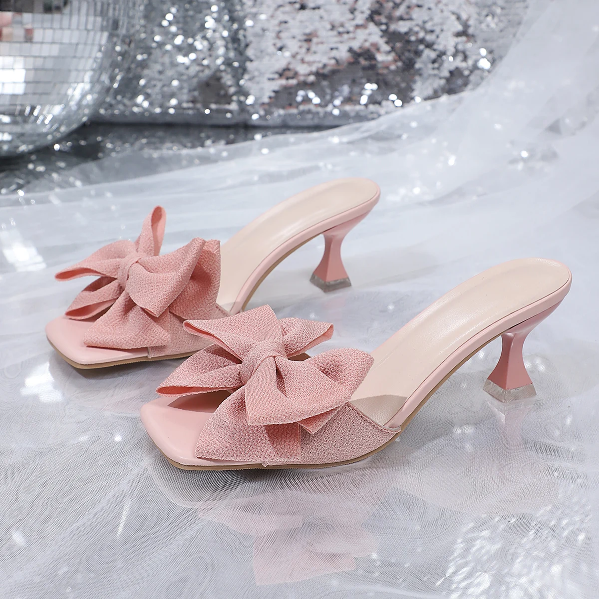 

Летняя женская обувь, роскошные босоножки на высоком каблуке, элегантный стиль, шлепанцы-мулы с квадратным носком и узлом-бабочкой, вечерние туфли-лодочки