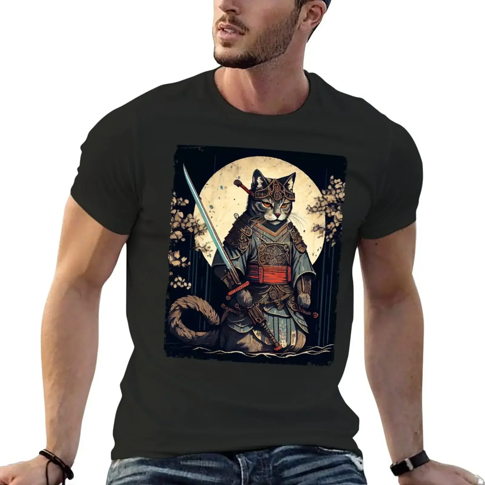 

Samurai cat Japanese ninja warrior art T-Shirt man t shirt shirts graphic tee men t shirt