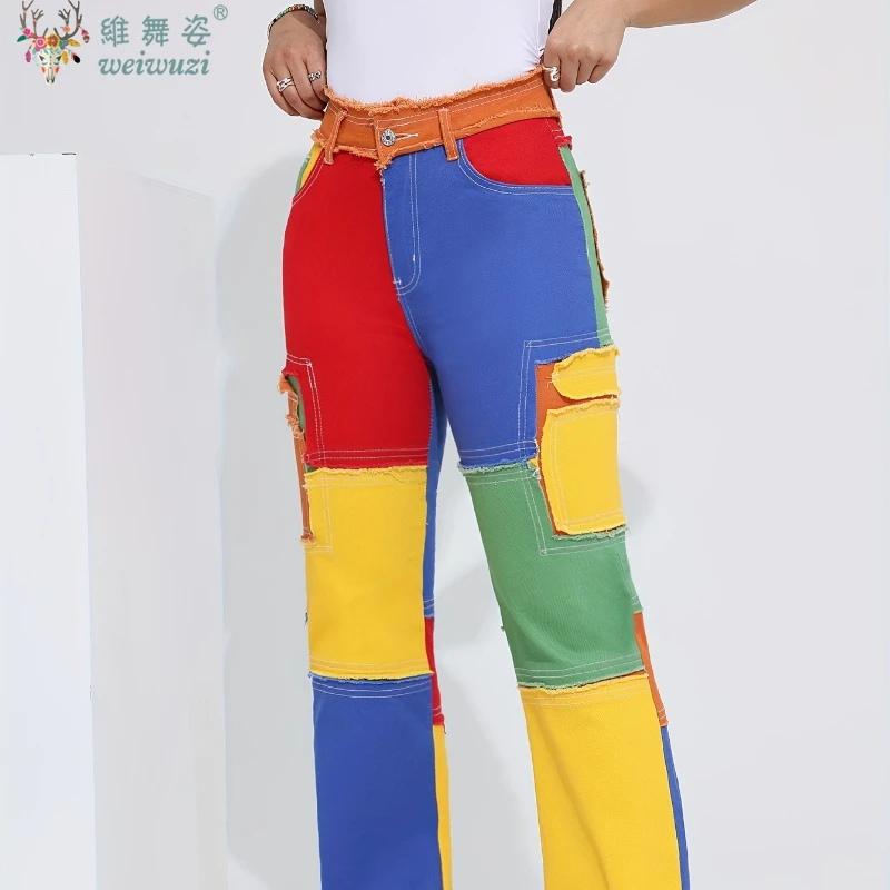 Y2K-pantalones vaqueros coloridos desgastados para mujer, pantalones vaqueros de cintura alta, ropa de calle holgada con bloques de Color, Vaqueros rectos de hip hop frescos energéticos