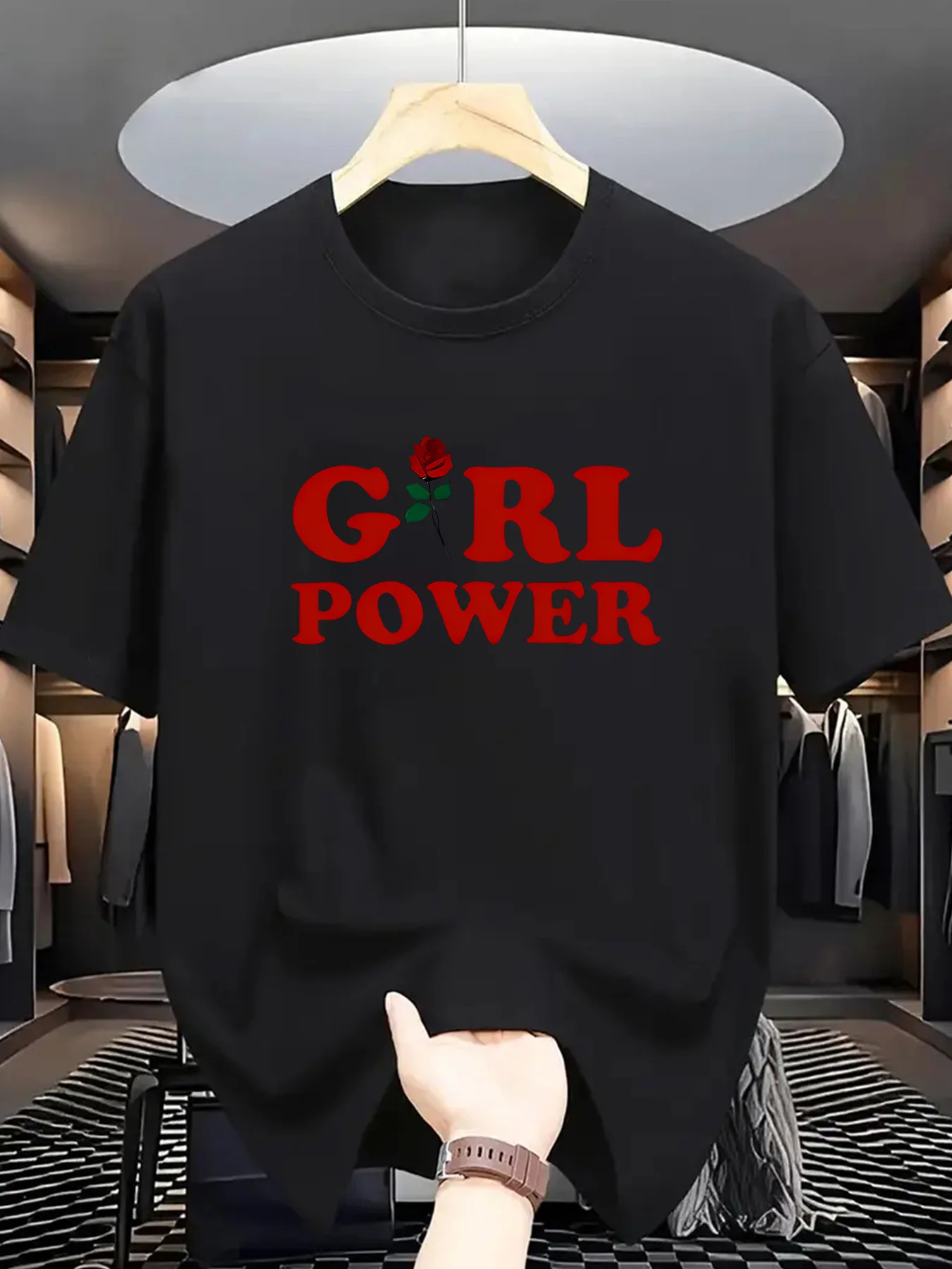 Slogan Graphic T Shirt For Men Girl Power Red Rose Letter Crew Neck Tee Empowering Print Casual Male Daily Outfit Tops