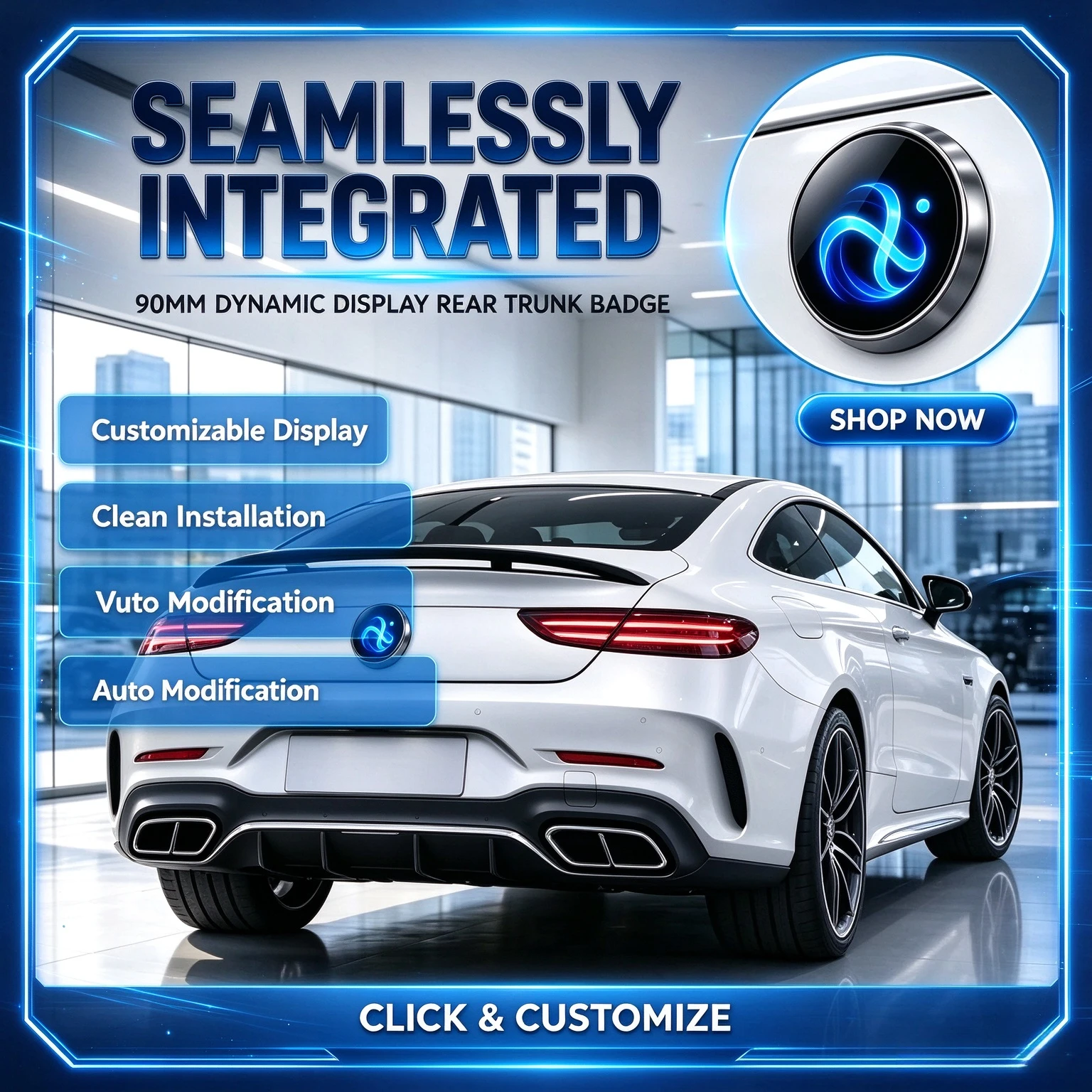 90MM Dynamic Display Vehicle Logo For Benz Car Rear Trunk Badge Clickable Customizable Auto Modification Accessories