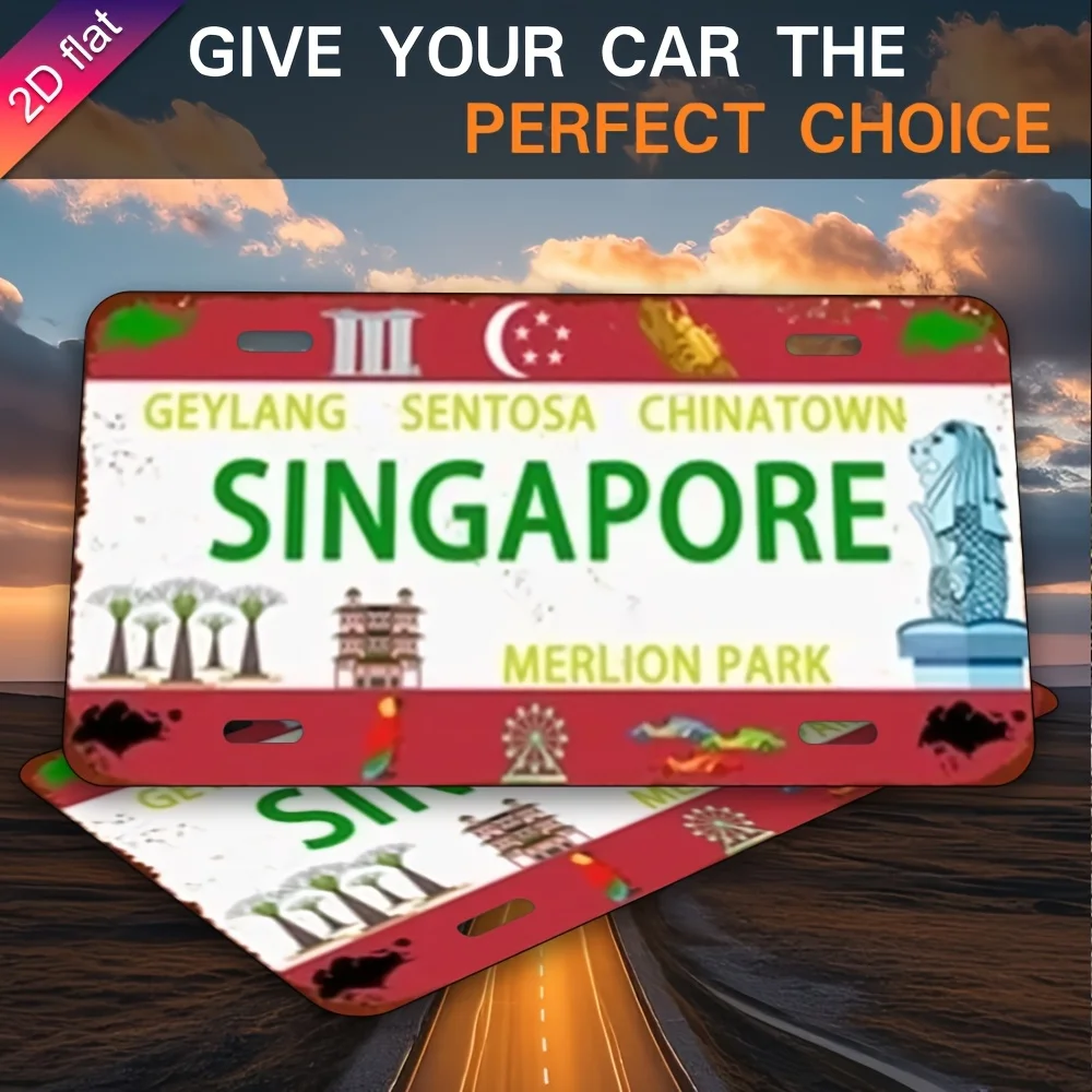 ، طائرة، لوحة ترخيص من الألومنيوم القديم - لوحة زخرفية مطبوعة بالأشعة فوق البنفسجية على شكل سنغافورة، تتميز بالأسد والتاون الصيني