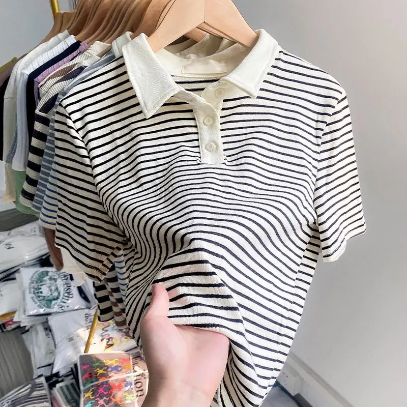 

Korean Fashion Women Contrast Stripe T-Shirts Summer Female Clothing Lapel Short Sleeve Thin Simple Loose Versatile Casual Tops