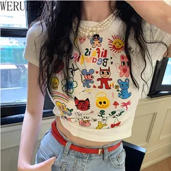 White Kawaii Crop Top Women Anime T Shirt Y2k Aesthetic Woman Clothing Korean Style Summer Short Sleeve Print Graphic Tshirts