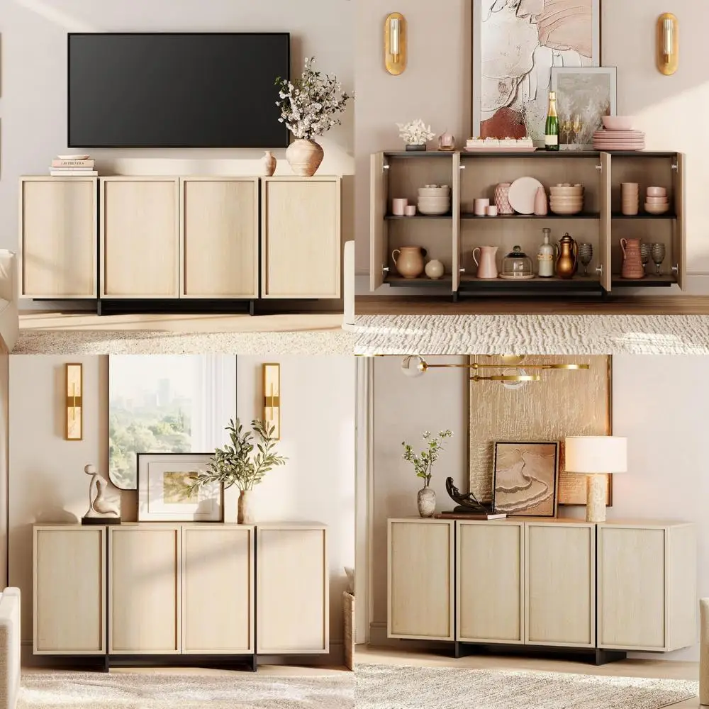 

Contemporary Wooden TV Stand for 75 TVs, Entertainment Center with 4-Door Storage and T-Shaped Legs