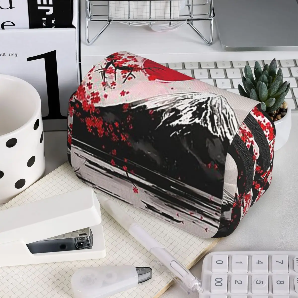 Japan Sakura Cherry Blossoms With A Red Rising Sun Pencil Case for School Pen Box Pencil Bag Stationery Supplies Pen Holder Bag