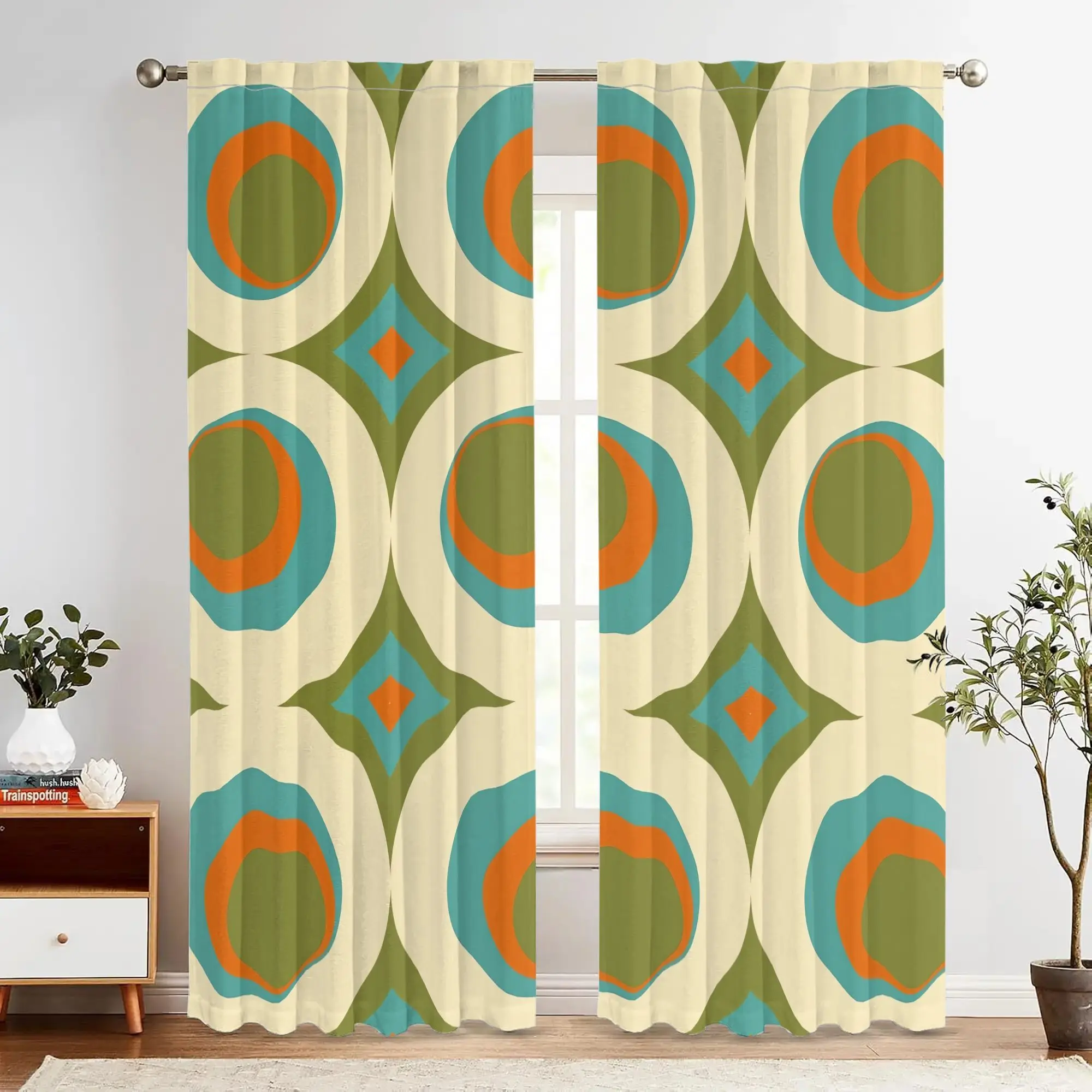 Stylish Geometric Modern Abstract Pattern Curtains Beige Olive Orange Boho Design Window Panels Pair for Living Room Bedroom Dec