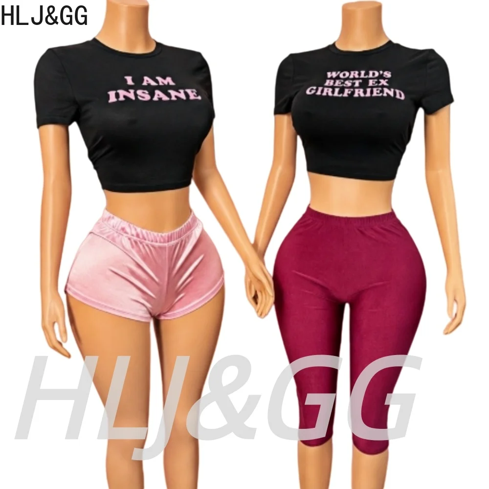 HLJ&GG Trend Y2K Letter Print Tshirts Two Piece Sets Women O Neck Short Sleeve Slim Crop Top + Shorts Outfits Fashion Streetwear
