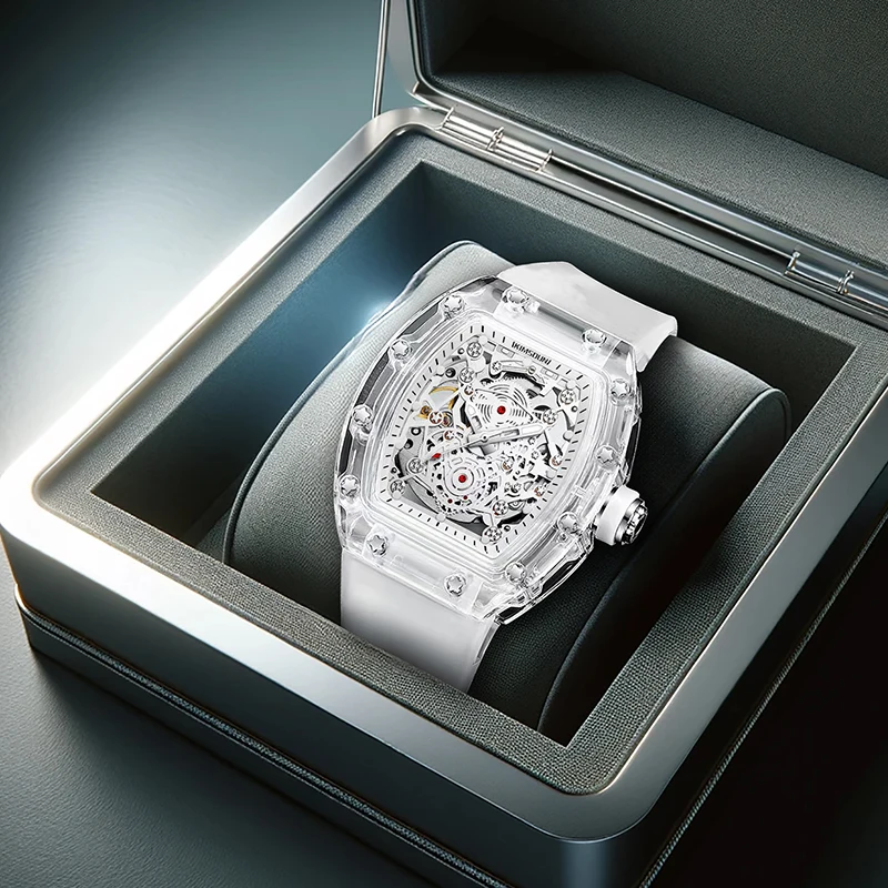 

Мужские белые повседневные модные нишевые механические часы с ремешком в форме бочонка