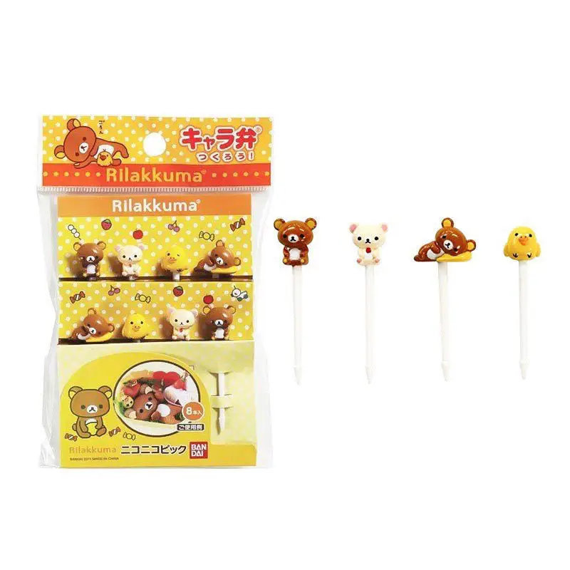 Japan cute R-Rilakkuma Children plastic fruit fork cartoon Japanese and Korean fruit picks 8 pieces bento picks baby cute