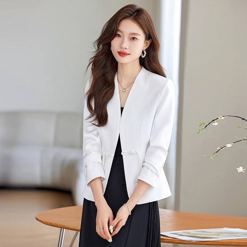 ZJYT Elegant Blazers Feminino Office Women Coat Jacket V Neck Outerwears Veste Femme Autumn 2024 New Korean Fashion Casaco White