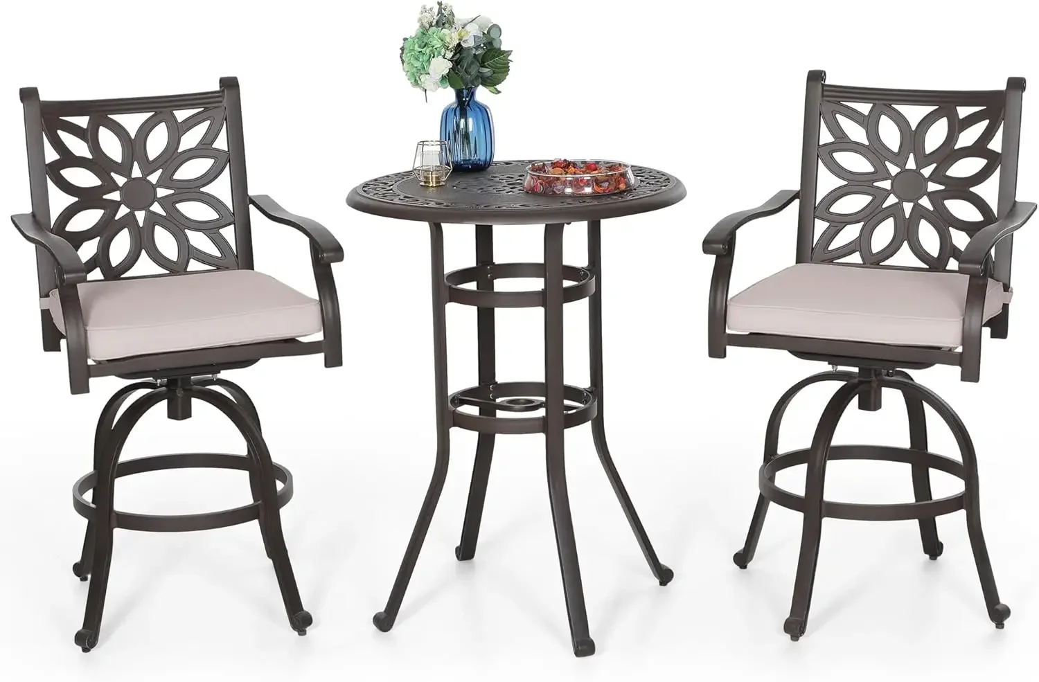 PHI VILLA Patio Furniture Set, Brown 3Pcs Cast Aluminum High Top Table and Swivel Bar Stools with Cushion