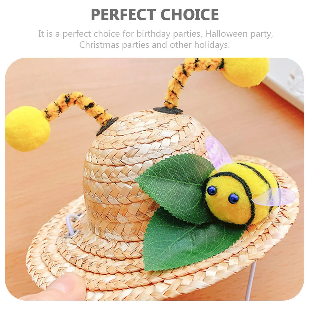 

Adorable Bee Modeling Pet Straw Hat Delicate Cat Straw Woven Hat Birthday Halloween Christmas Party Cool Decorative Kitten