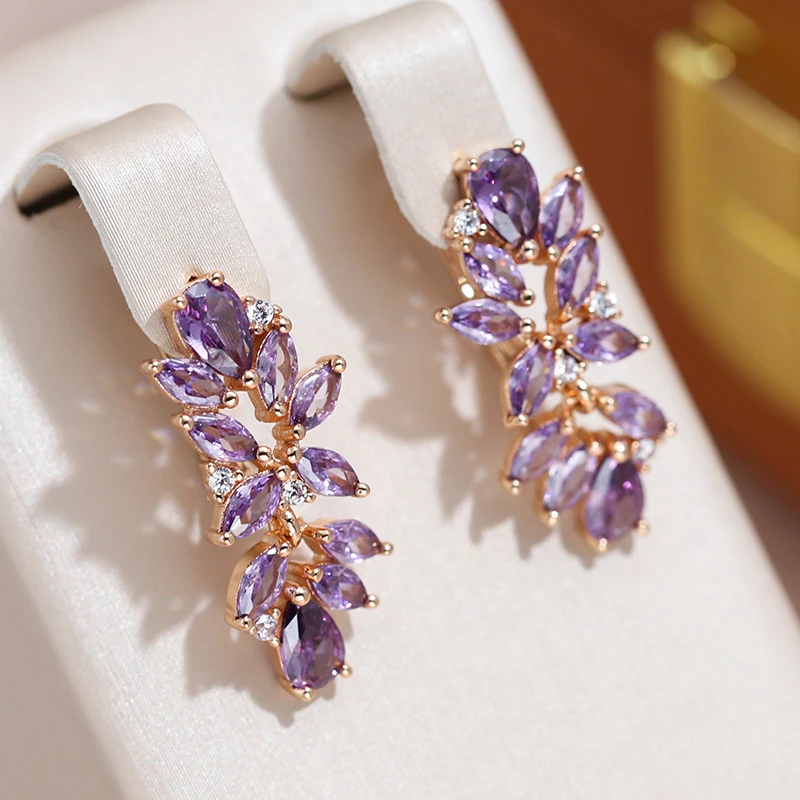 JULYDREAM Luxury Full Paved Purple Zircon 585 Gold Color Geometric Dangle Earrings for Women Luxury Wedding Party Jewelry