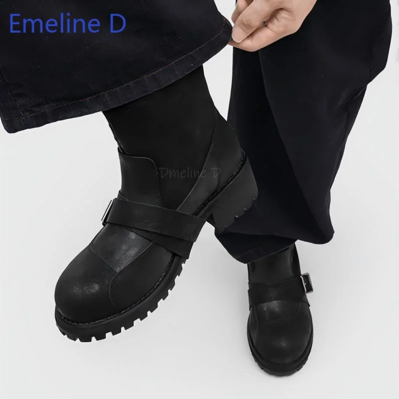 Mens Short Moto Combat Boots Worn Washed Leather Upper Overlapping Cross Buckle Belt Decor Clean Round Toe Daily Punk Footwear