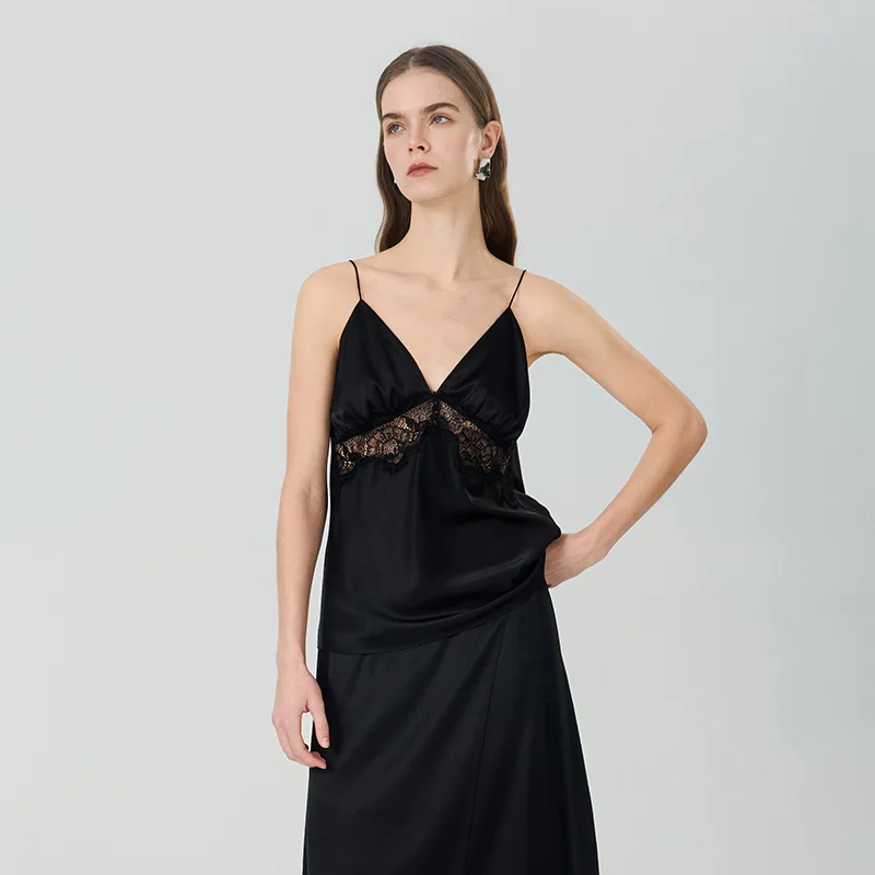 2026 Mulberry Silk Camisole Women V Neck Lace Patchwork Satin Slip Tank Top Elegant Layering Inner Outer Wear Office Party Cami