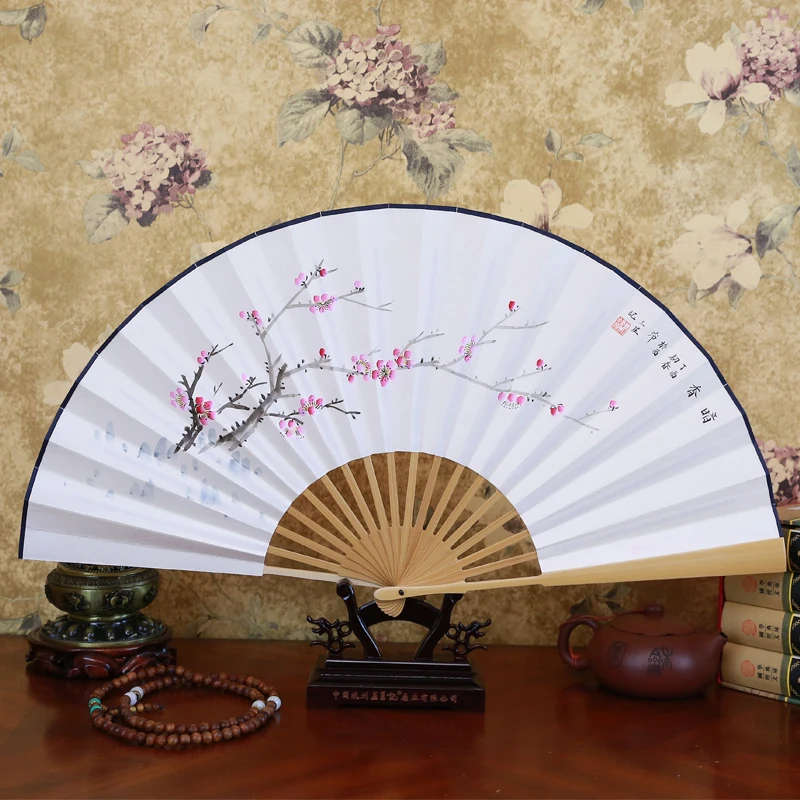 Chinese Hand-Painted Folding Fan for Men Jade Bone Xuan Paper Fan Portable Antique Gift Collection Fan Home Ornaments 9 Inch