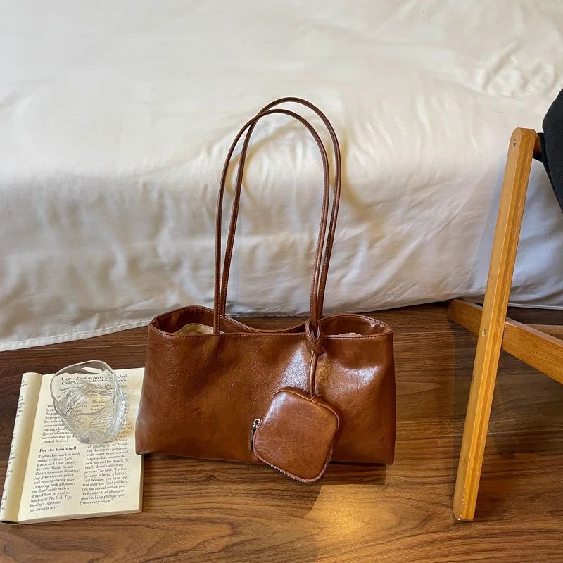 Retro Burgundy Waxed PU Leather Tote Bags for Women Vintage Underarm Handbag with Mini Coin Purse Autumn Casual Commuter Purse