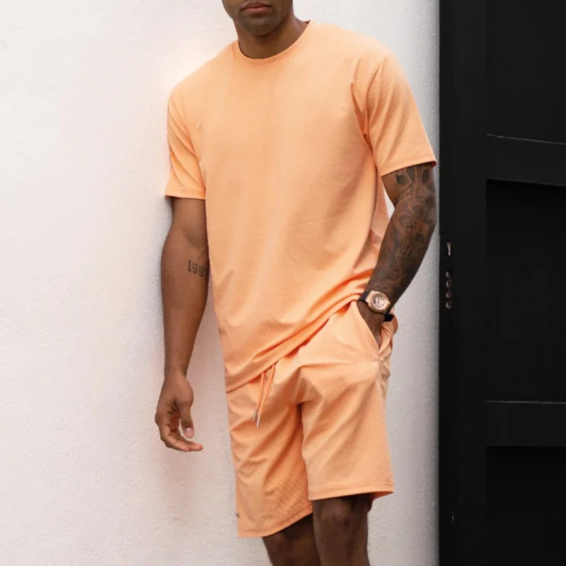 Casual Pure Color Men's Two Piece Sets Summer Fashion O Neck Short Sleeve T Shirts And Shorts Suits Men Clothing Leisure Outfits