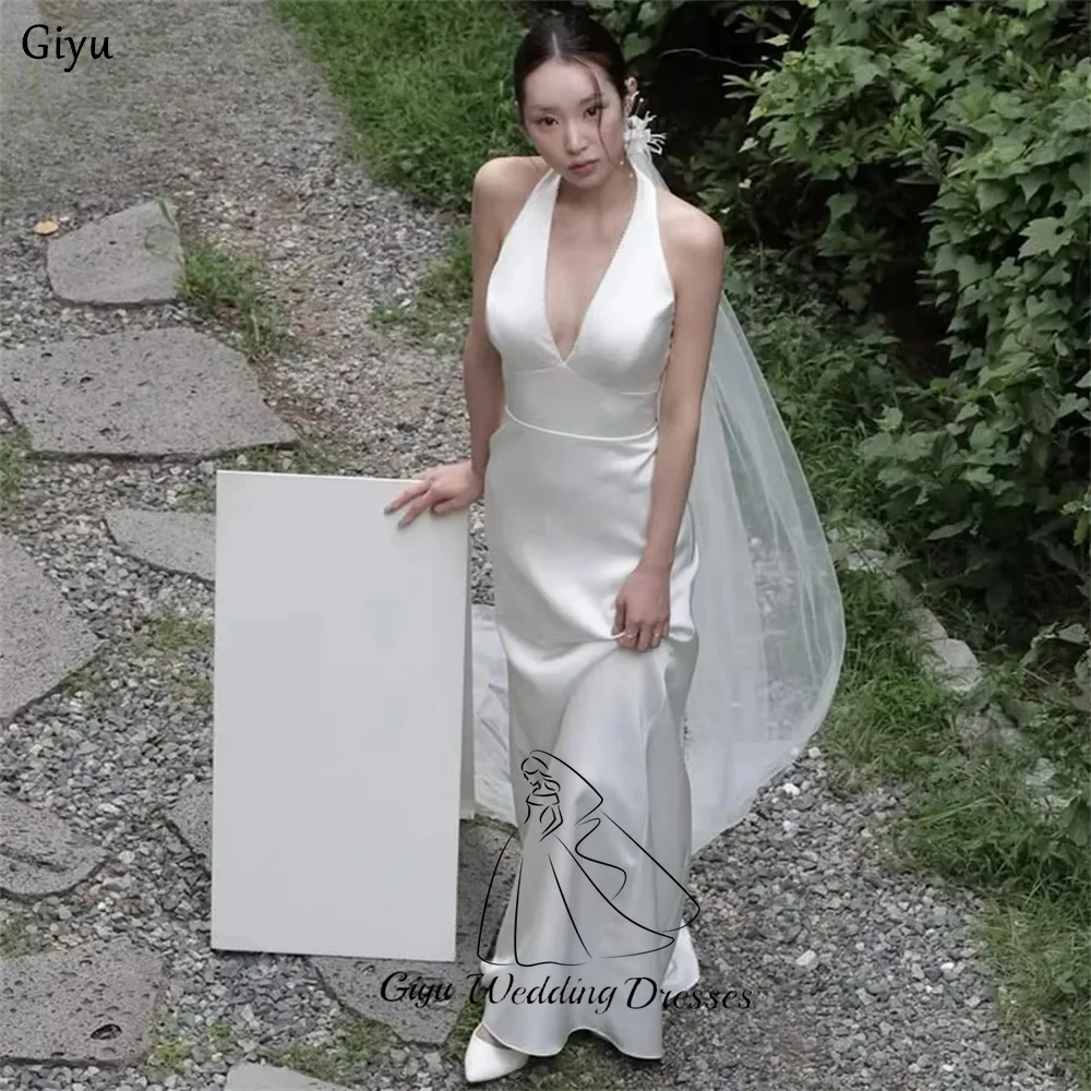 Giyu Deep V-Neck Sleeveless Elegant Korean Wedding Dresses Satin Outdoor Customized Bridal Photo Shoot Gown Wedding Snap Dress