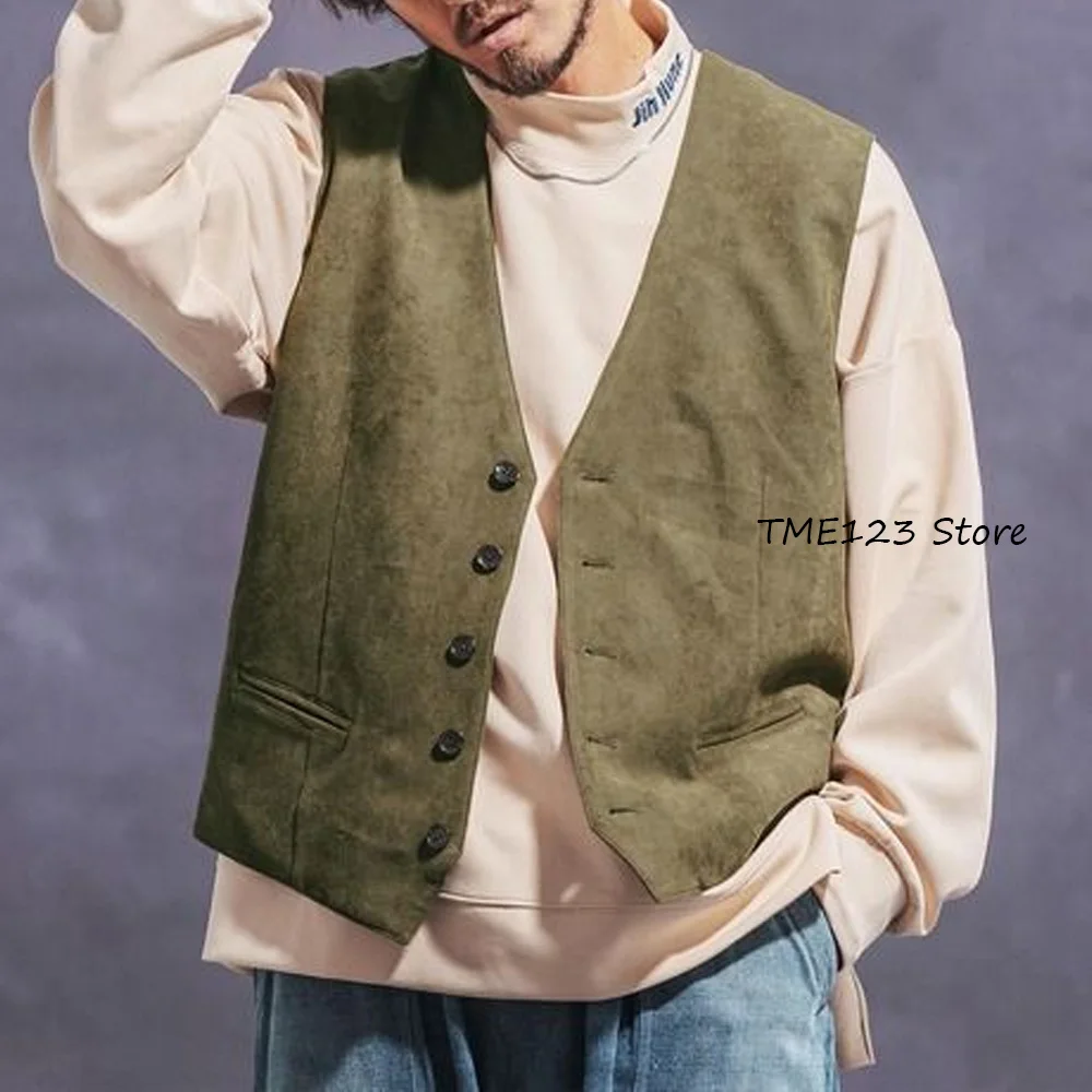 

Men's Classic Vest Man V-neck Casual Style Welt Pockets Faux Suede Fabric Single-breasted Elegant Suit Sleeveless Suits Blazer