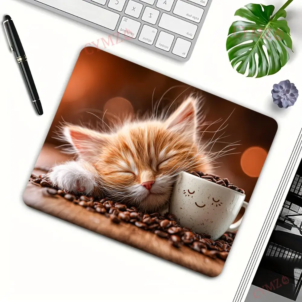 Coffee shop and orange cat Mouse Pad Desk Mat with Stitched Edge Non-Slip Rubber Base Small Office Mousepad PC Accessories