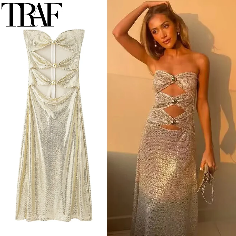 Traf aus geschnitten Pailletten kleid Frauen sexy schulter frei Midi kleider Frau Glitzer träger lose Party kleider Bodycon rücken freies langes Kleid