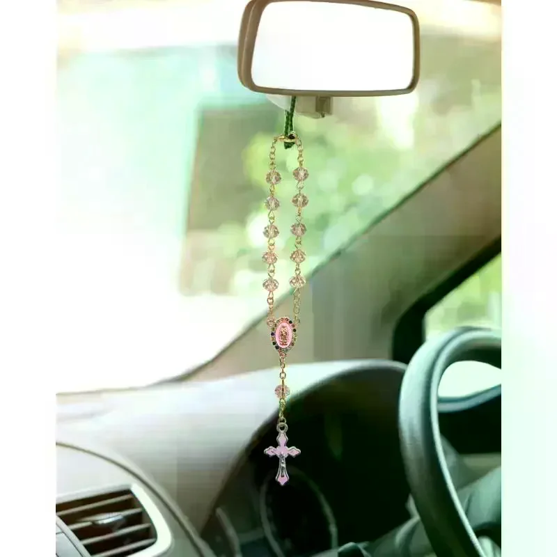 

1Pcs Auto Interior Ornament Rosary Cross Pendant Car Steering Wheel Charm Religious Decor Christian Hanging Dashboard Accessory